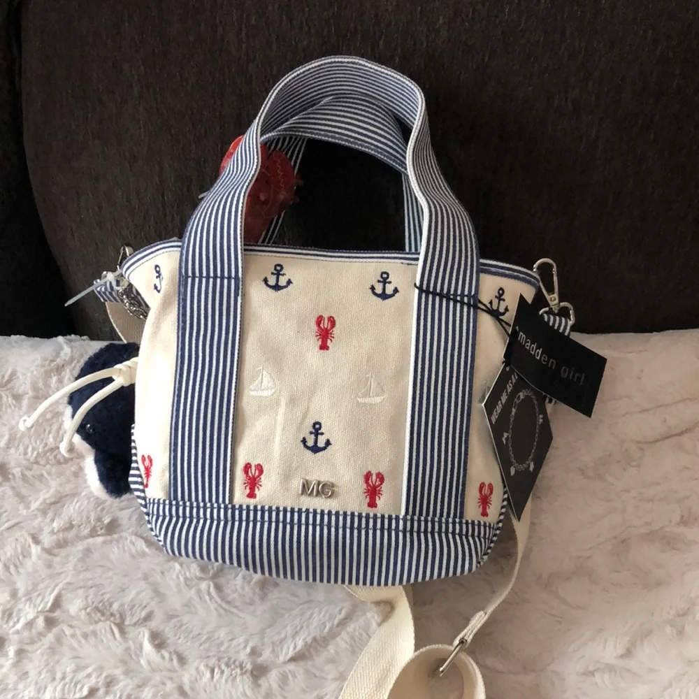 Nautical Anchor Print Cream Canvas Crossbody Bag Mini Tote with Red Scarf - Picture 7 of 14